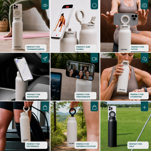 Veltrix HydroGrip™ – 2-in-1 Trinkflasche mit Magnet-Handyhalterung